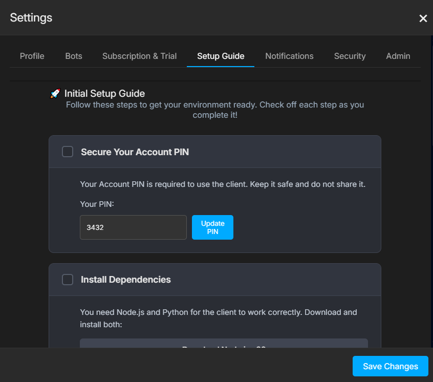 Settings Panel showing the Setup Guide tab